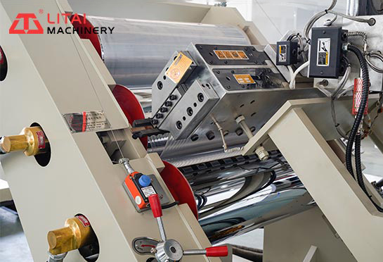 Three roller part  pressing the raw material extruded by the die into a plate shape and cooling to form ; three rollers are oblique three rollers, simple structure, easy operation and maintenance.